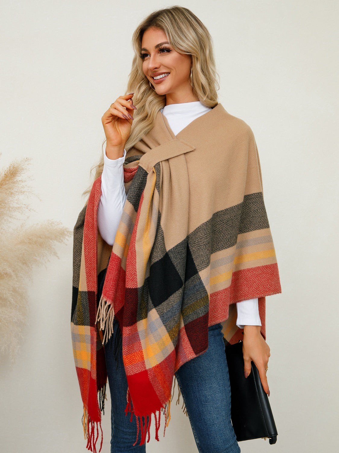 Fringe Contrast Plaid Poncho-Angel Casuals