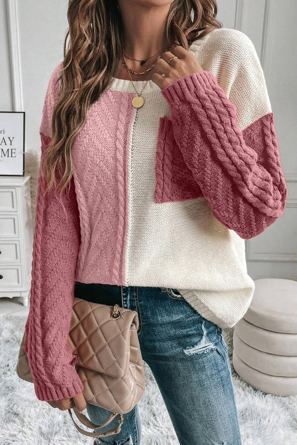 Color Block Round Neck Long Sleeve Sweater-Angel Casuals