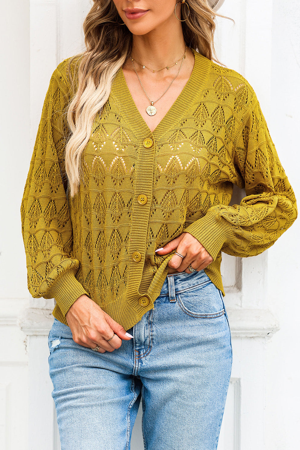 Openwork V-Neck Cardigan-Angel Casuals