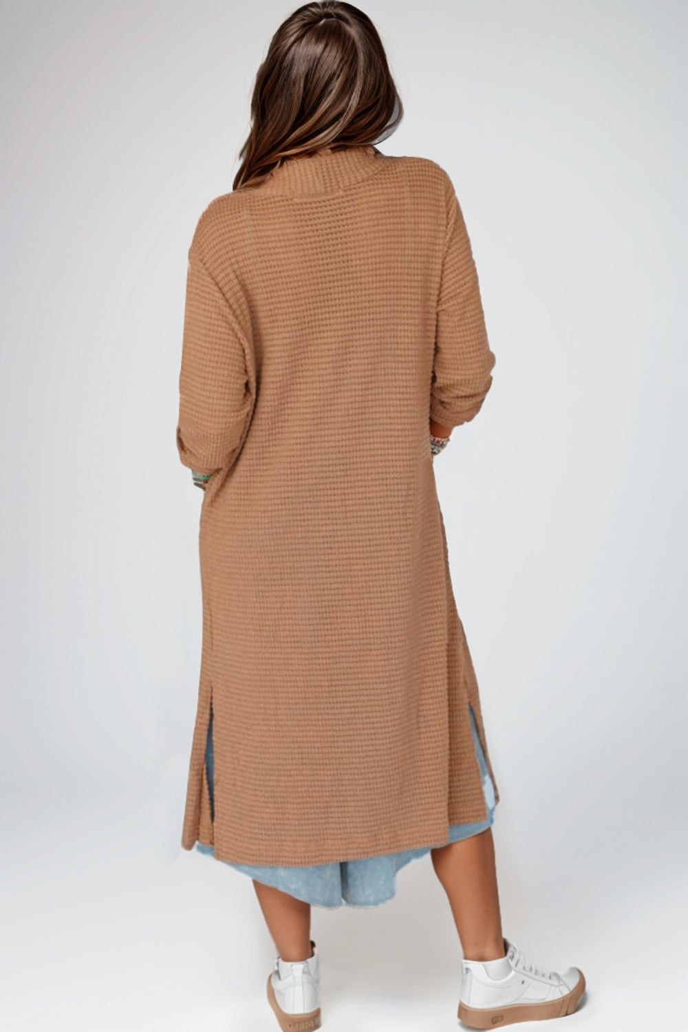 Open Front Long Sleeve Longline Slit Cardigan-Angel Casuals