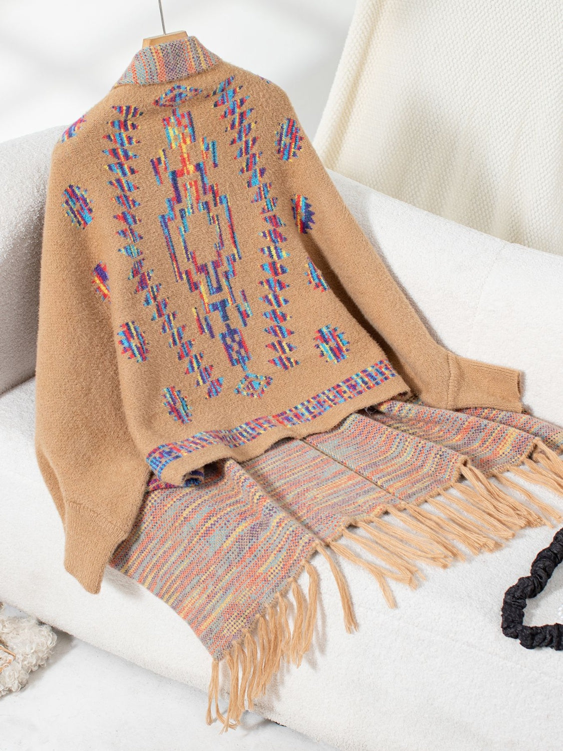 Fringe Geometric Open Front Long Sleeve Cape-Angel Casuals