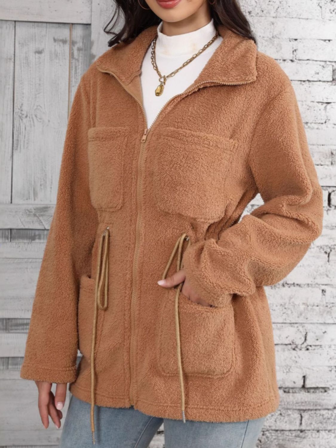 Drawstring Zip Up Long Sleeve Outerwear-Angel Casuals