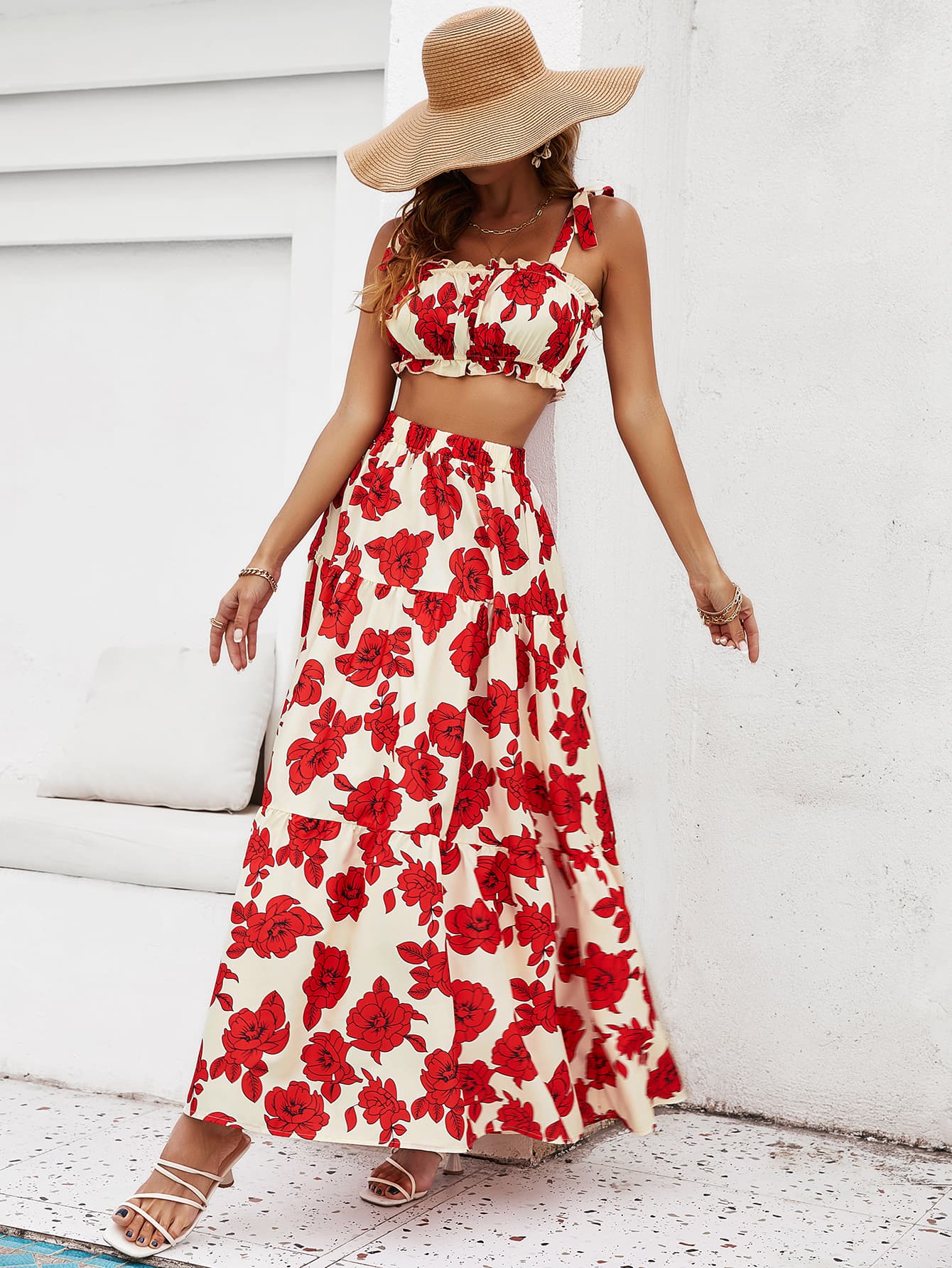 Floral Tie Shoulder Top and Tiered Maxi Skirt Set-Angel Casuals