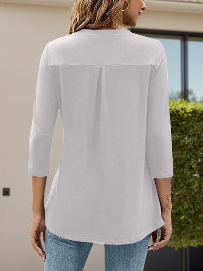 Notched Three-Quarter Sleeve T-Shirt-Angel Casuals