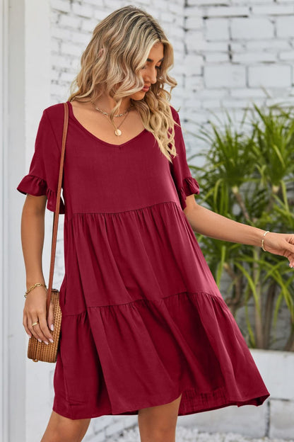 V-Neck Flounce Sleeve Tiered Dress-Angel Casuals