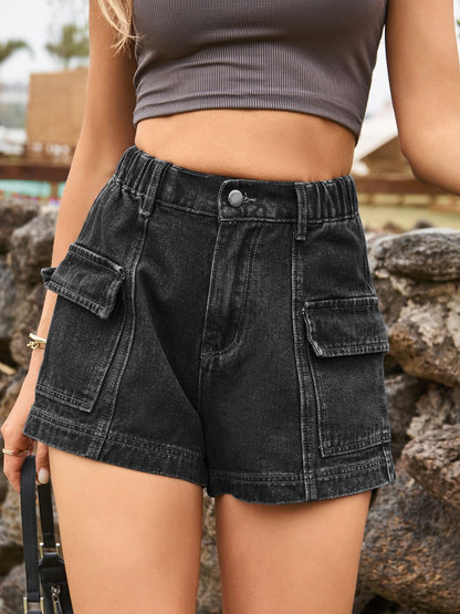 High Waist Denim Shorts with Pockets-Angel Casuals