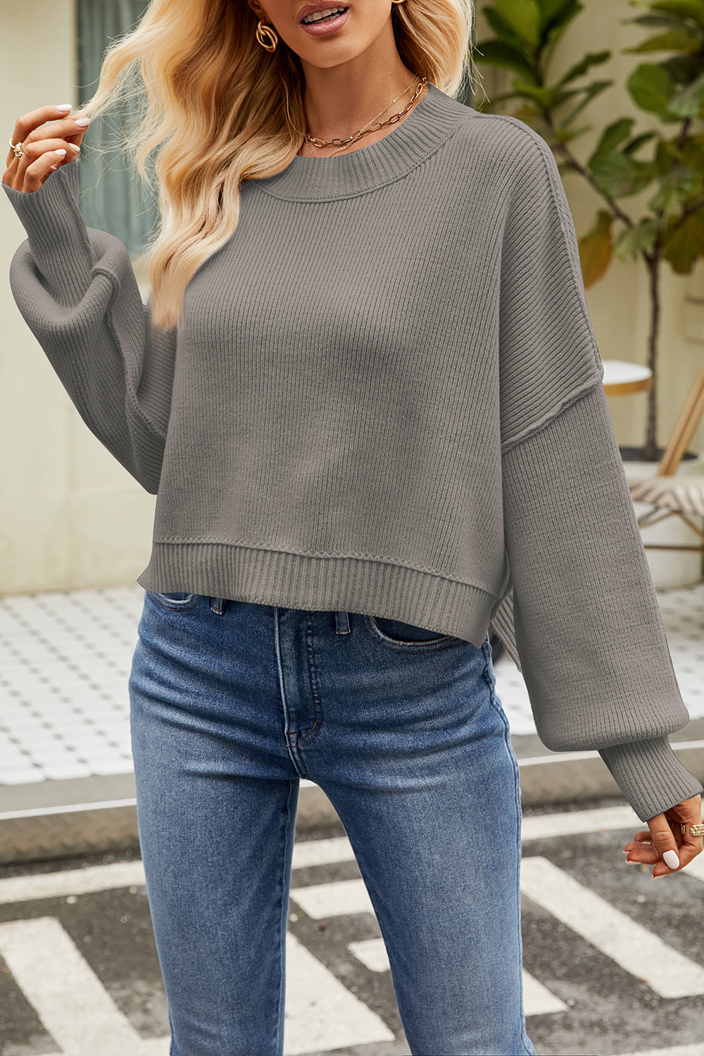 Round Neck Dropped Shoulder Sweater-Angel Casuals