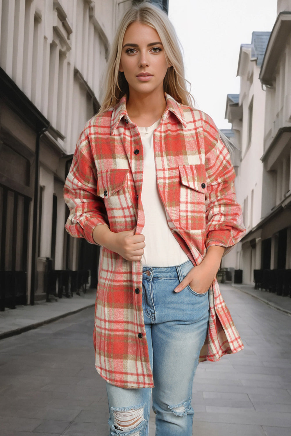 Plaid Dropped Shoulder Shirt Jacket-Angel Casuals