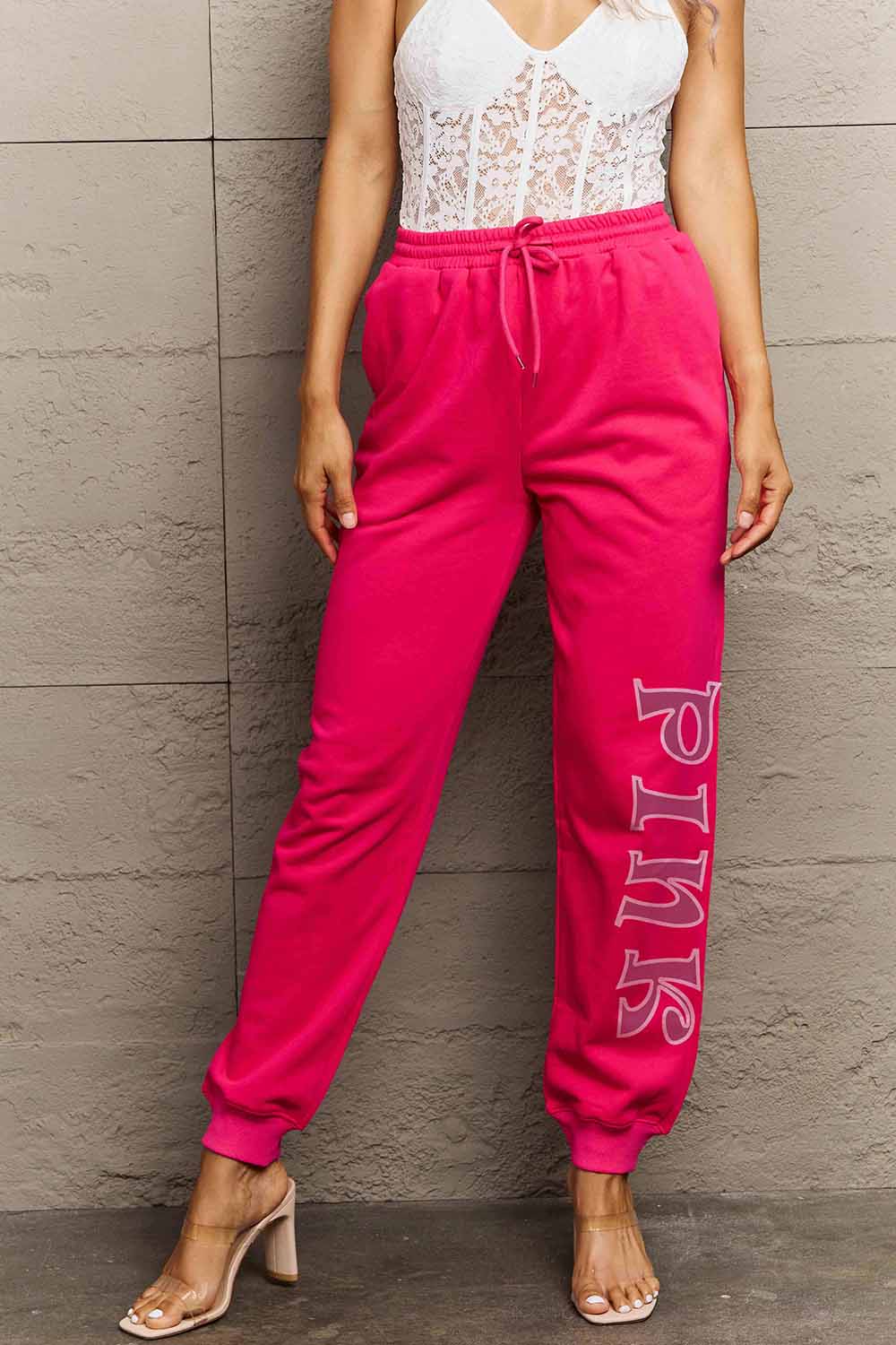 Simply Love Full Size PINK Graphic Sweatpants-Angel Casuals