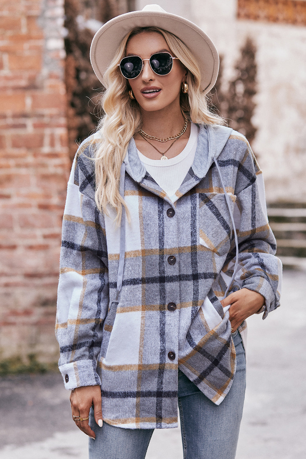 Mandy Plaid Dropped Shoulder Hooded Jacket-Angel Casuals