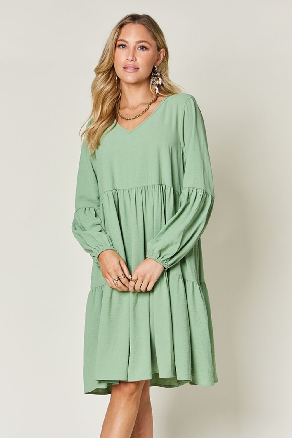 Double Take Full Size V-Neck Balloon Sleeve Tiered Dress-Angel Casuals