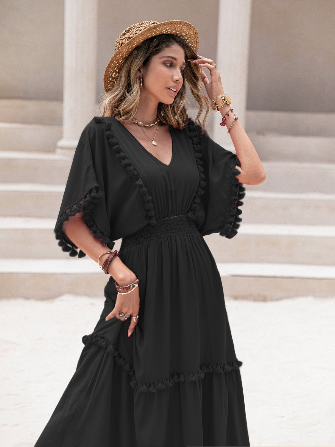 Tassel Trim Smocked V-Neck Short Sleeve Dress-Angel Casuals