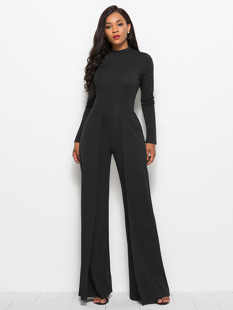 Long Sleeve Mock Neck Wide Leg Jumpsuit-Angel Casuals