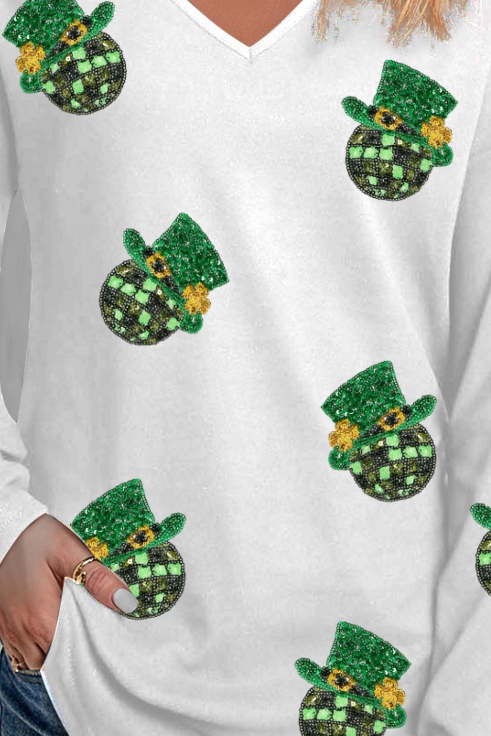 Sequin V-Neck Long Sleeve T-Shirt-Angel Casuals