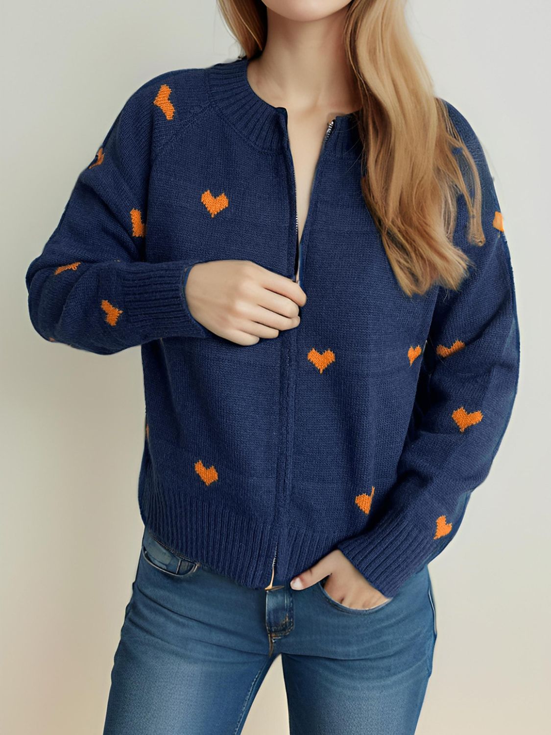 Heart Round Neck Zip Up Cardigan-Angel Casuals