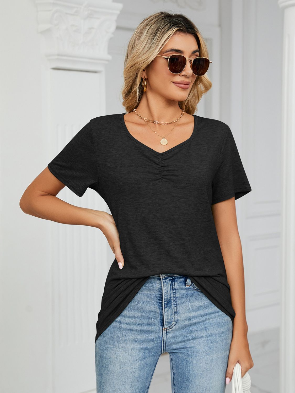 Ruched V-Neck Short Sleeve T-Shirt-Angel Casuals