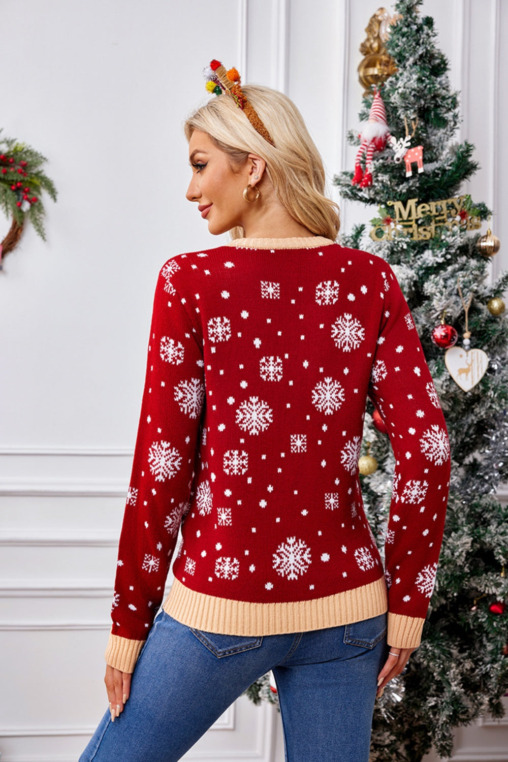 Christmas Pattern Round Neck Long Sleeve Sweater-Angel Casuals