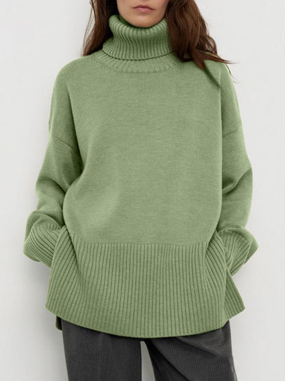 Side Slit Turtleneck Drop Shoulder Sweater-Angel Casuals