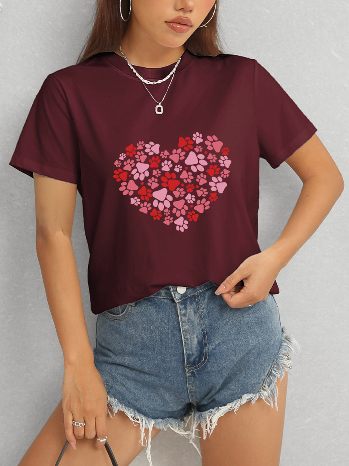 Heart Round Neck Short Sleeve T-Shirt-Angel Casuals