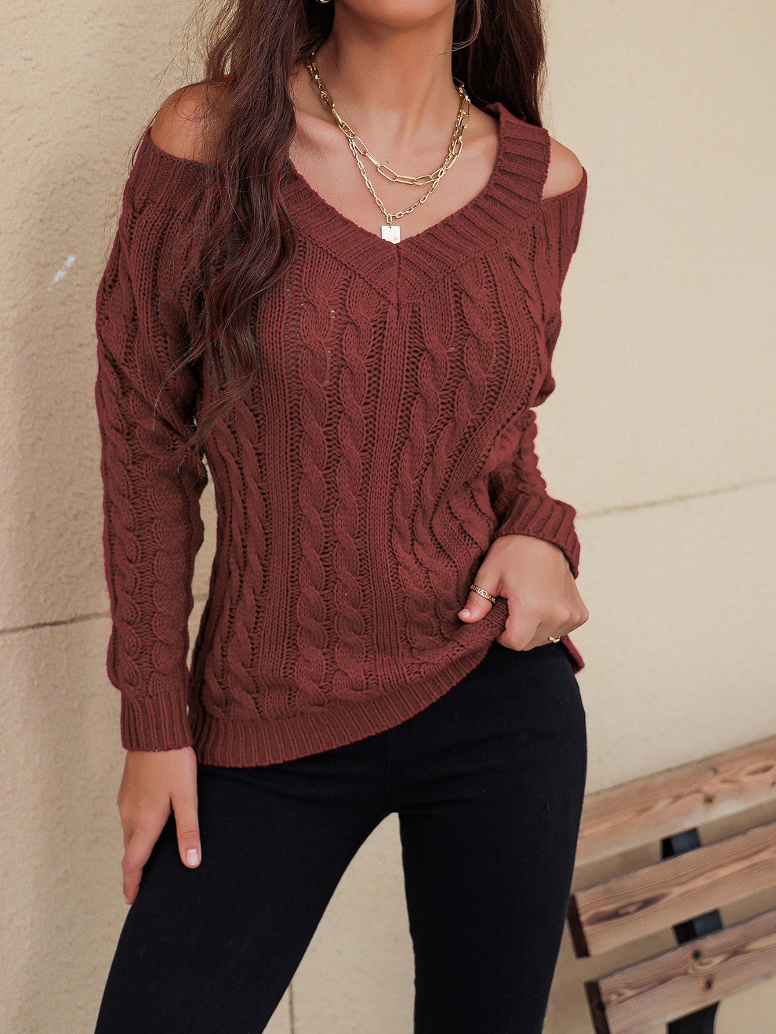 Honey Cable-Knit V-Neck Cold Shoulder Sweater-Angel Casuals