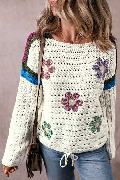 Flower Round Neck Long Sleeve Sweater-Angel Casuals