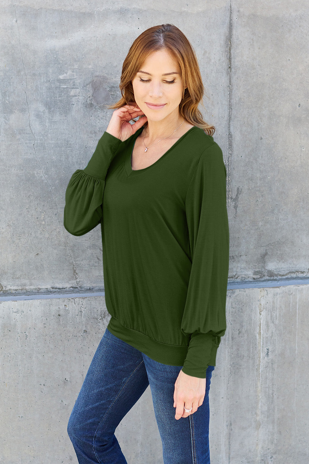 Basic Bae Full Size V-Neck Lantern Sleeve Blouse-Angel Casuals