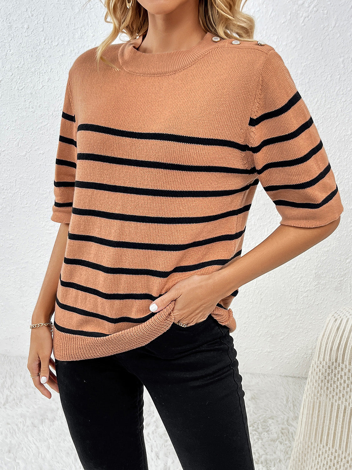 Striped Round Neck Half Sleeve Knit Top-Angel Casuals