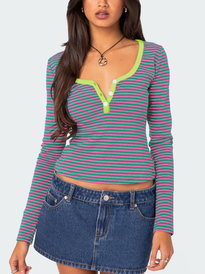 Buttoned Striped Long Sleeve T-Shirt-Angel Casuals