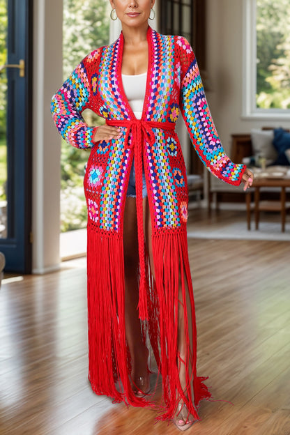 Fringe Tied Long Sleeve Cardigan-Angel Casuals