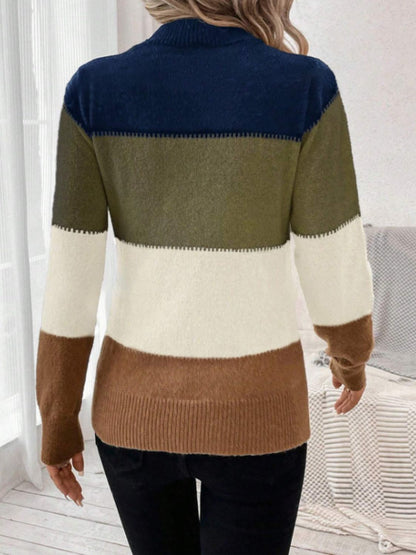 Color Block Mock Neck Long Sleeve Sweater-Angel Casuals