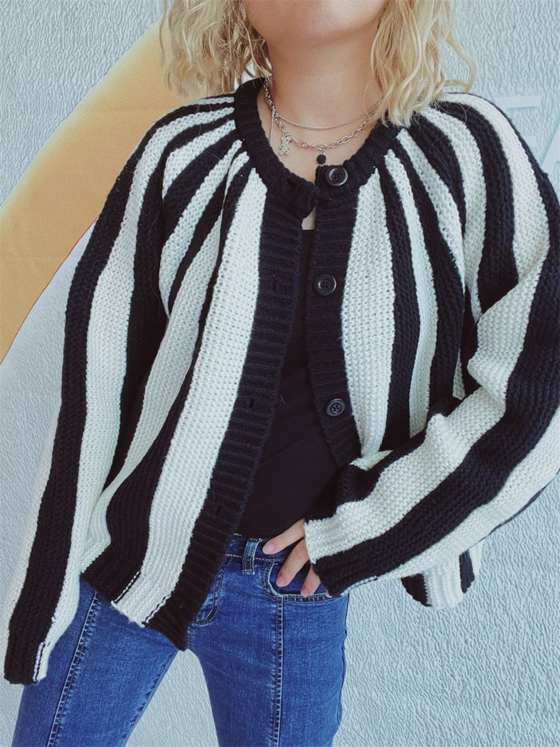 Contrast Stripes Button Down Long Sleeve Cardigan-Angel Casuals
