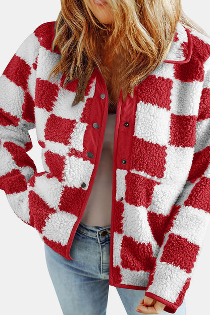 Checkered Snap Down Long Sleeve Teddy Jacket-Angel Casuals