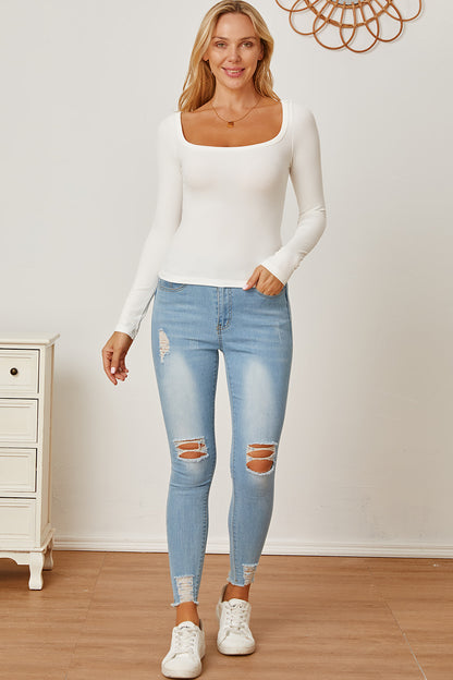 Square Neck Long Sleeve T-Shirt-Angel Casuals