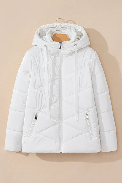 Drawstring Zip Up Long Sleeve Hooded Winter Coat-Angel Casuals
