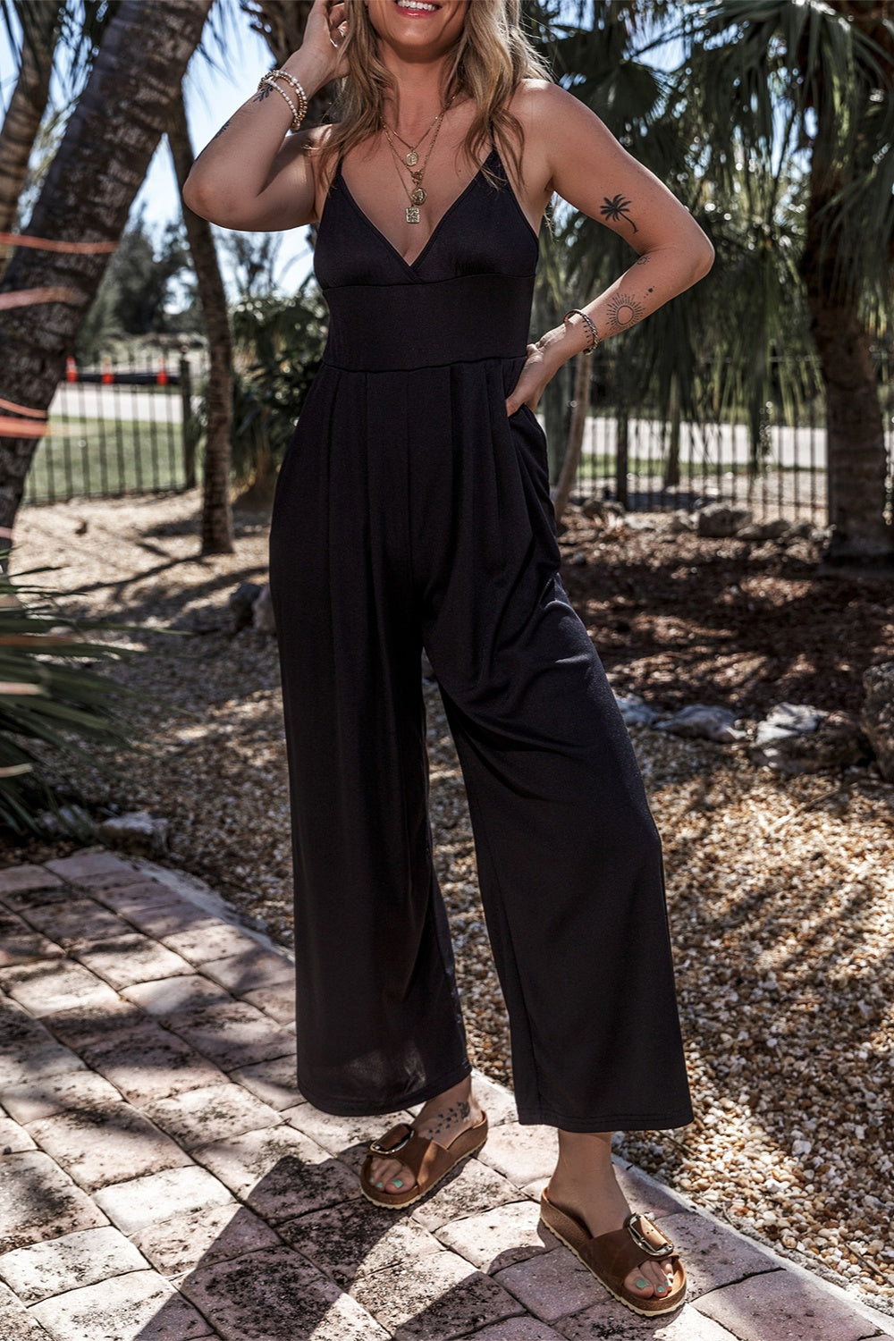 Surplice Spaghetti Strap Wide Leg Jumpsuit-Angel Casuals