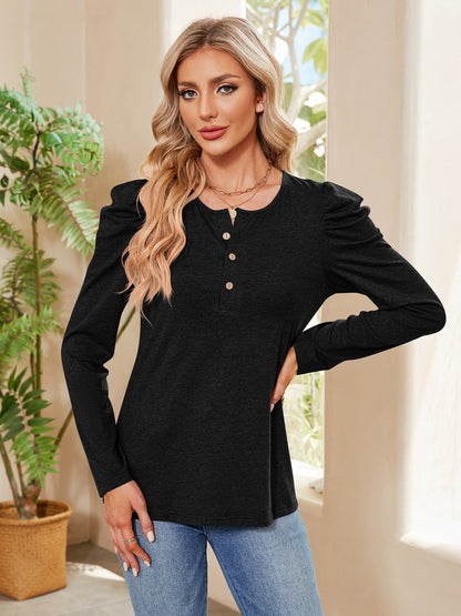 Buttoned Round Neck Puff Sleeve T-Shirt-Angel Casuals