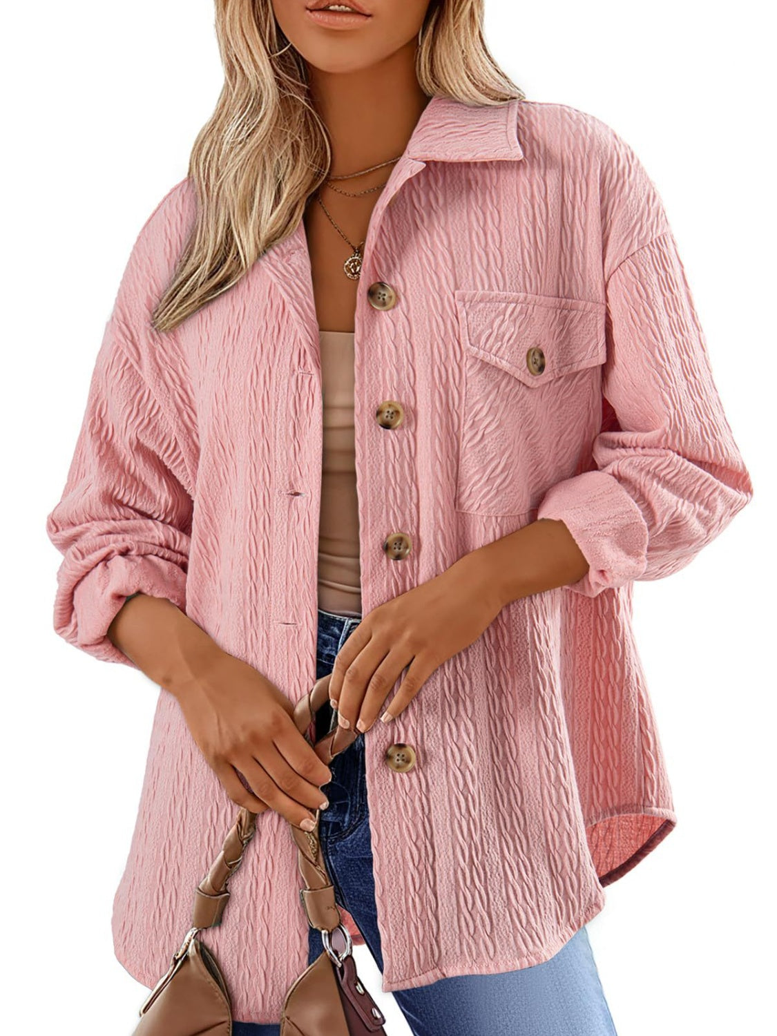 Textured Button Up Long Sleeve Shacket-Angel Casuals