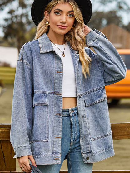 Dropped Shoulder Denim Jacket with Pockets-Angel Casuals