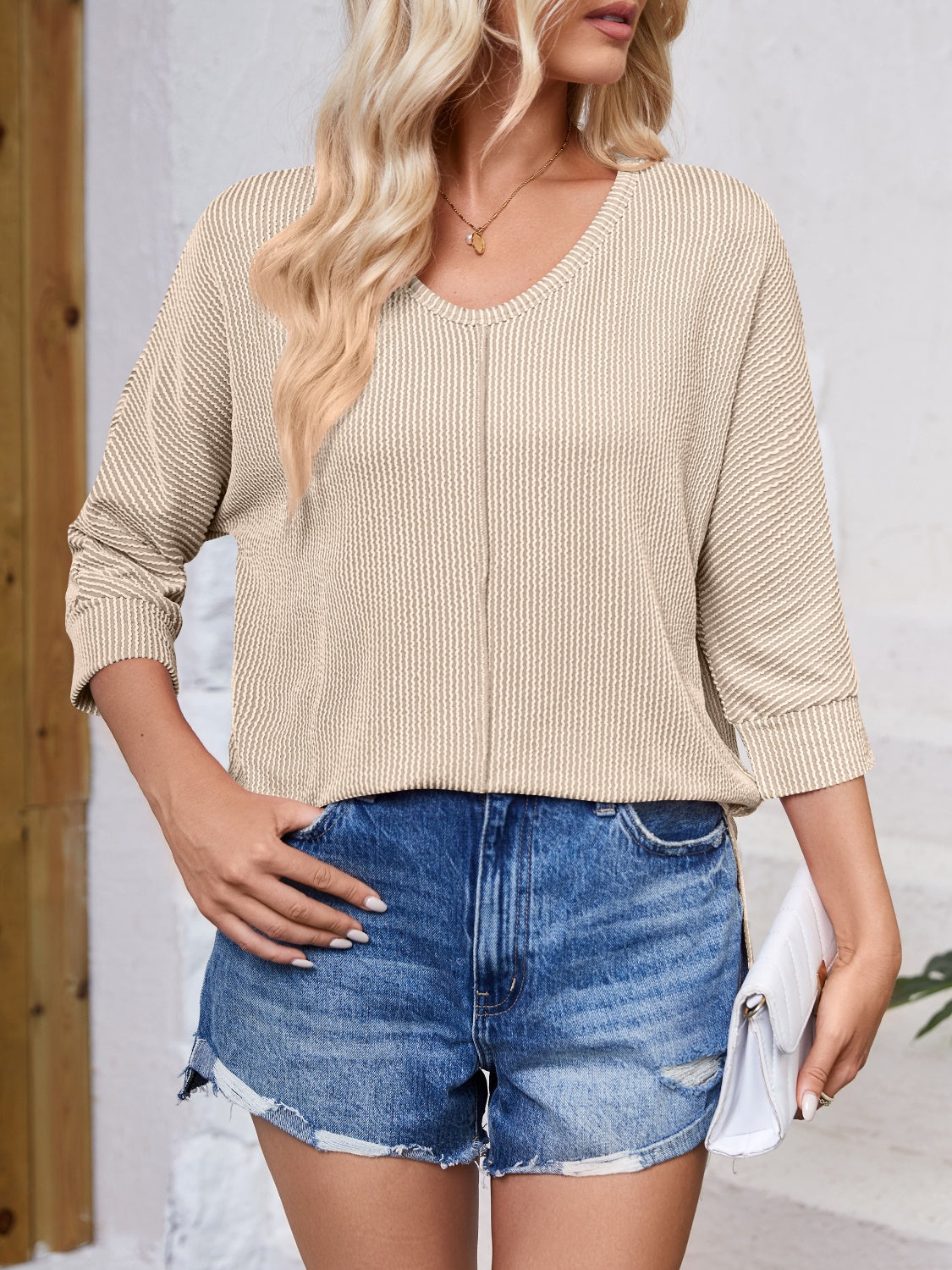 Textured Round Neck Three-Quarter Sleeve Blouse-Angel Casuals