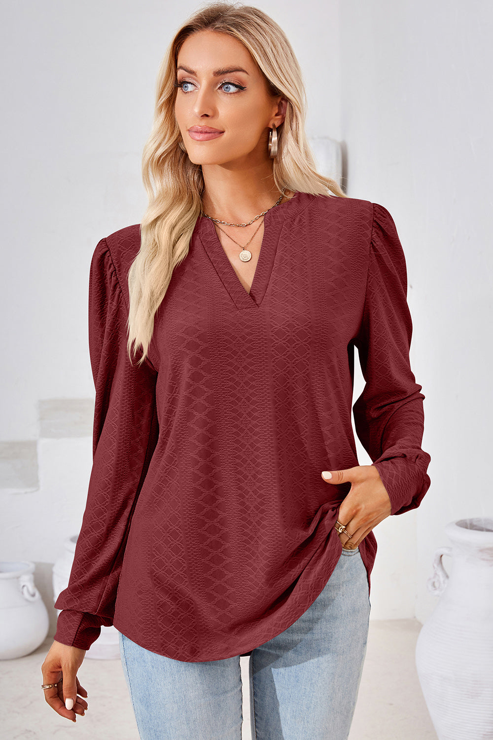 Ruched Notched Long Sleeve T-Shirt-Angel Casuals