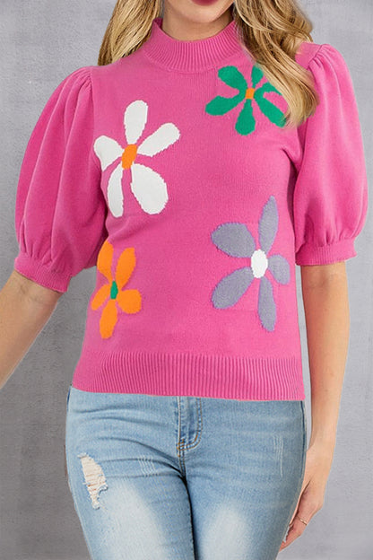 Flower Mock Neck Short Sleeve Sweater-Angel Casuals