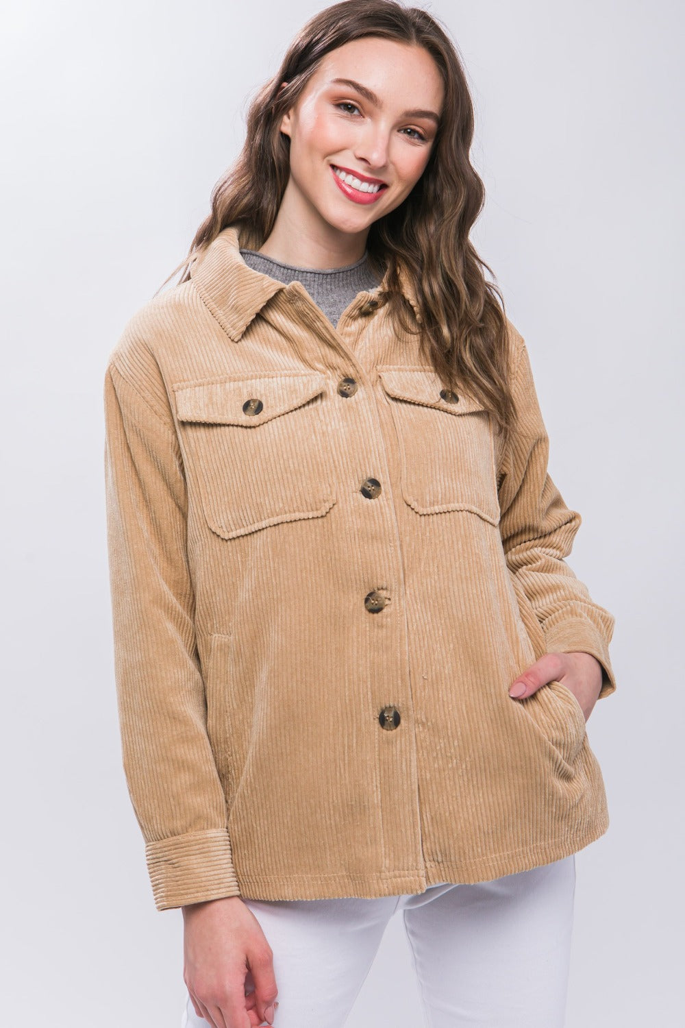 Love Tree Corduroy Button Up Jacket with Sherpa Inside-Angel Casuals