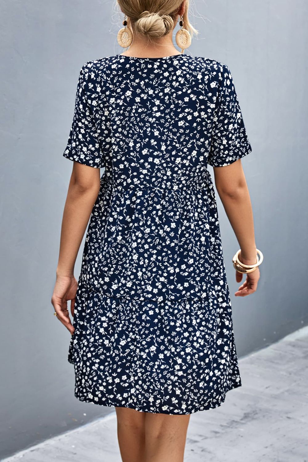 Ditsy Floral Empire Waist Plunge Short Sleeve Dress-Angel Casuals