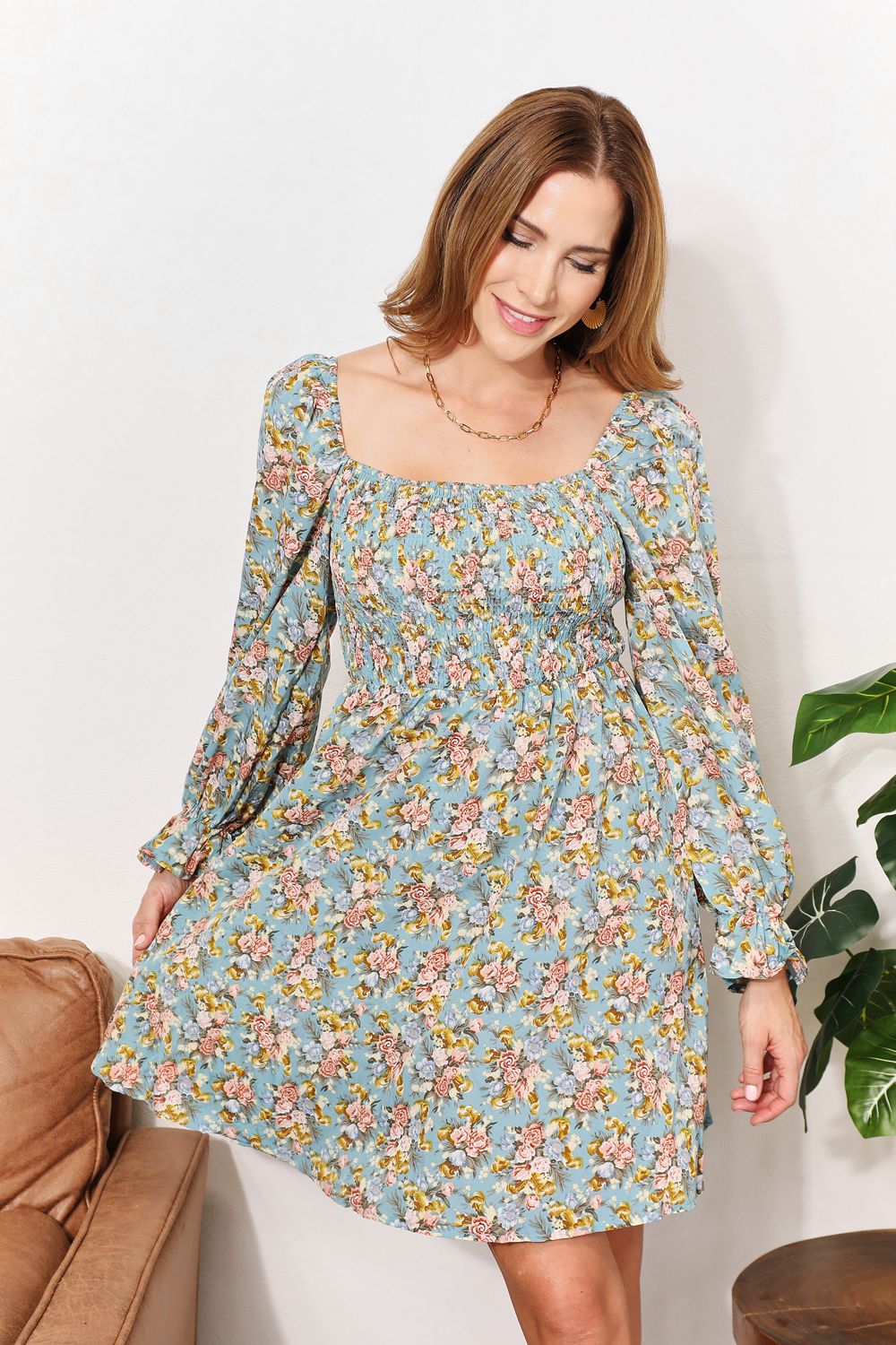 Floral Smocked Flounce Sleeve Square Neck Dress-Angel Casuals