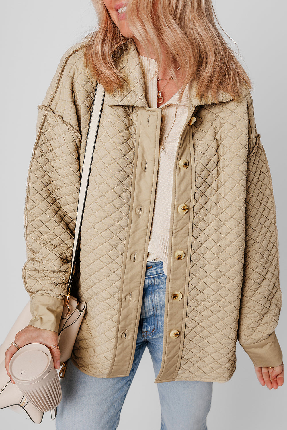 Exposed Seam Collared Neck Button Up Shacket-Angel Casuals