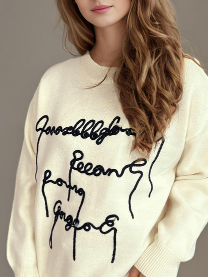 Letter Contrast Round Neck Dropped Shoulder Sweater-Angel Casuals