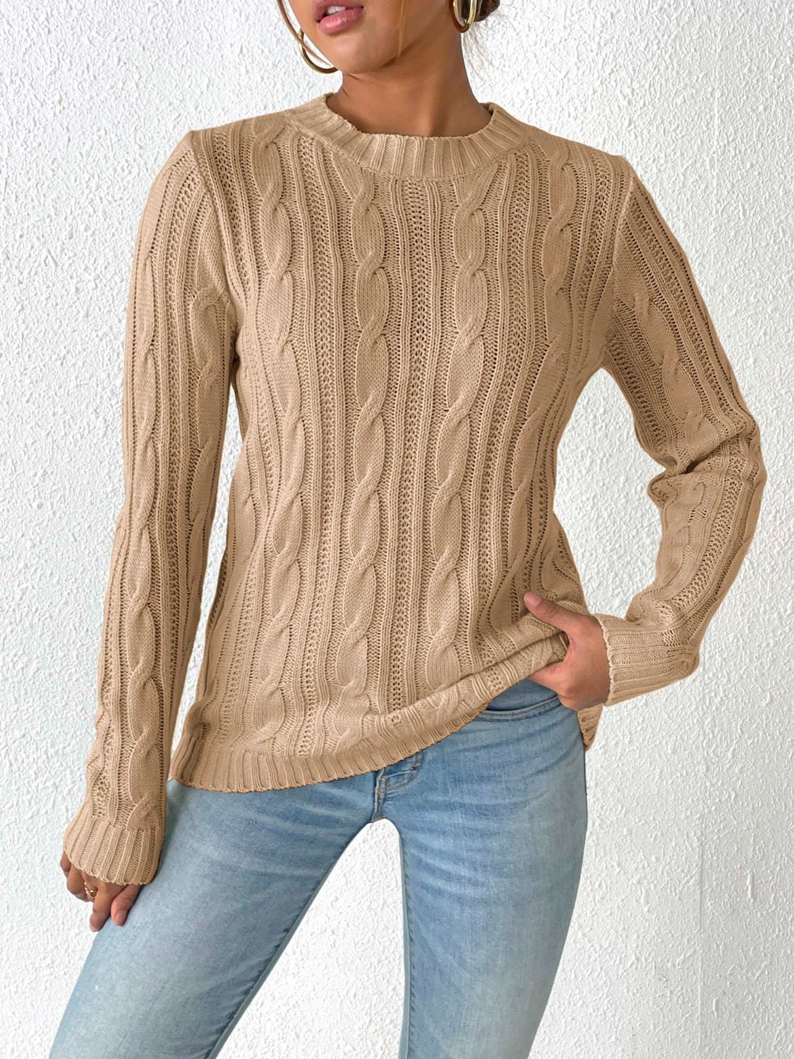 Cable-Knit Round Neck Sweater-Angel Casuals