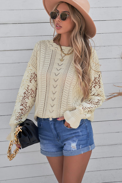 Openwork Lantern Sleeve Dropped Shoulder Sweater-Angel Casuals