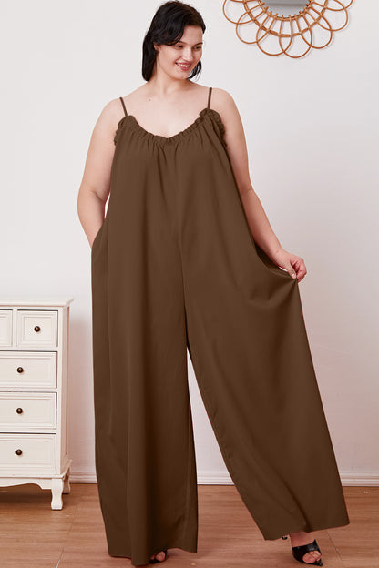 Double Take Full Size Ruffle Trim Tie Back Cami Jumpsuit with Pockets-Angel Casuals