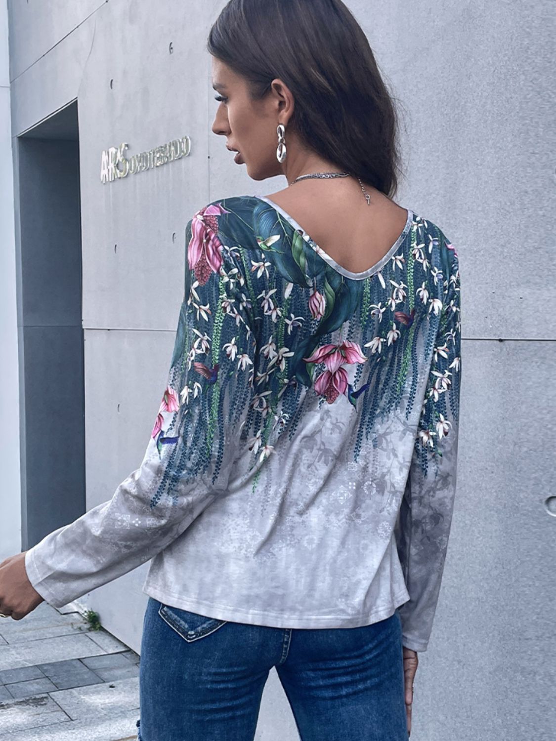 Floral V-Neck Long Sleeve Tee-Angel Casuals